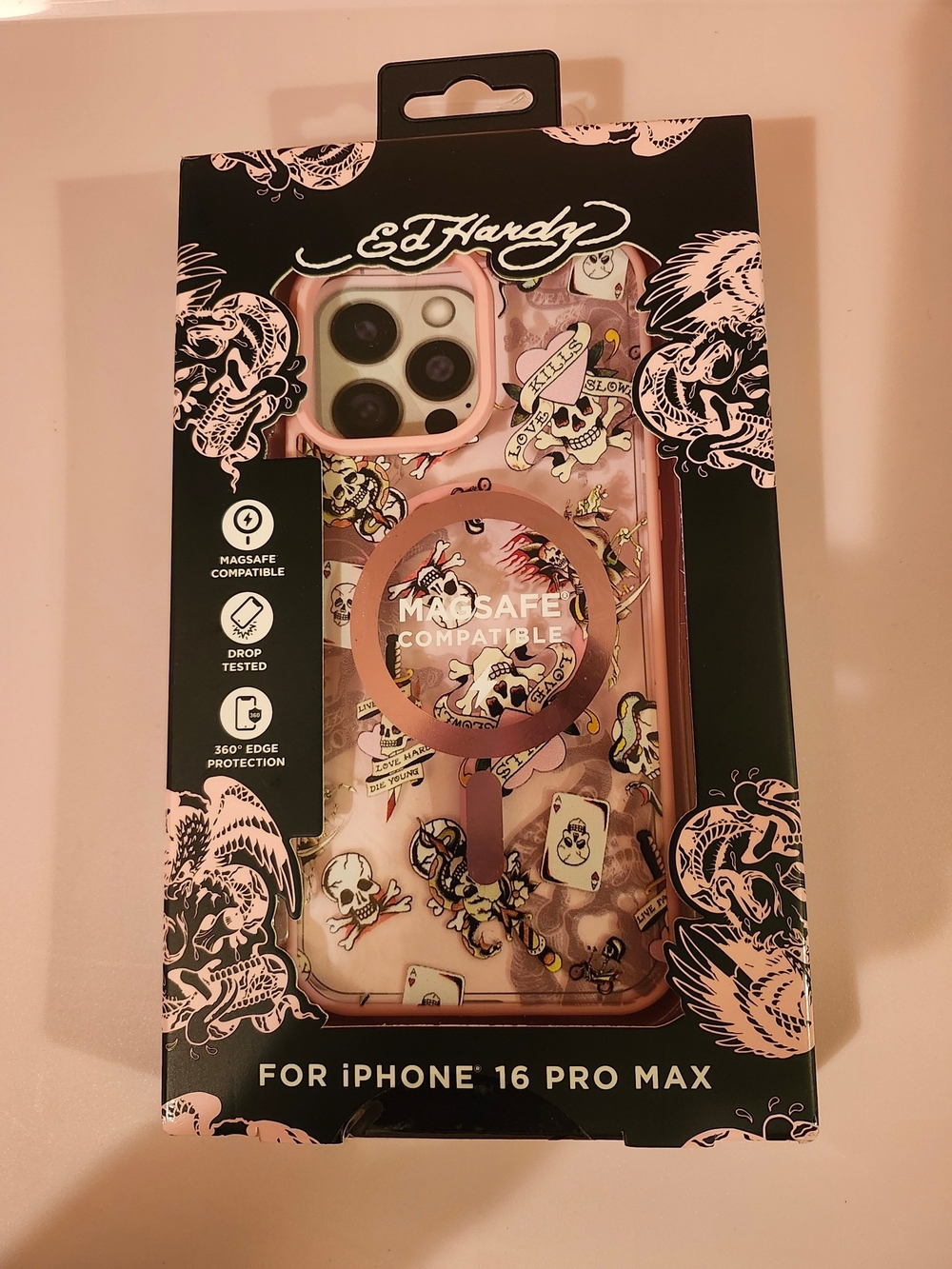 Ed Hardy Pink Skull MagSafe Compatible Case for iPhone 16 Pro Max